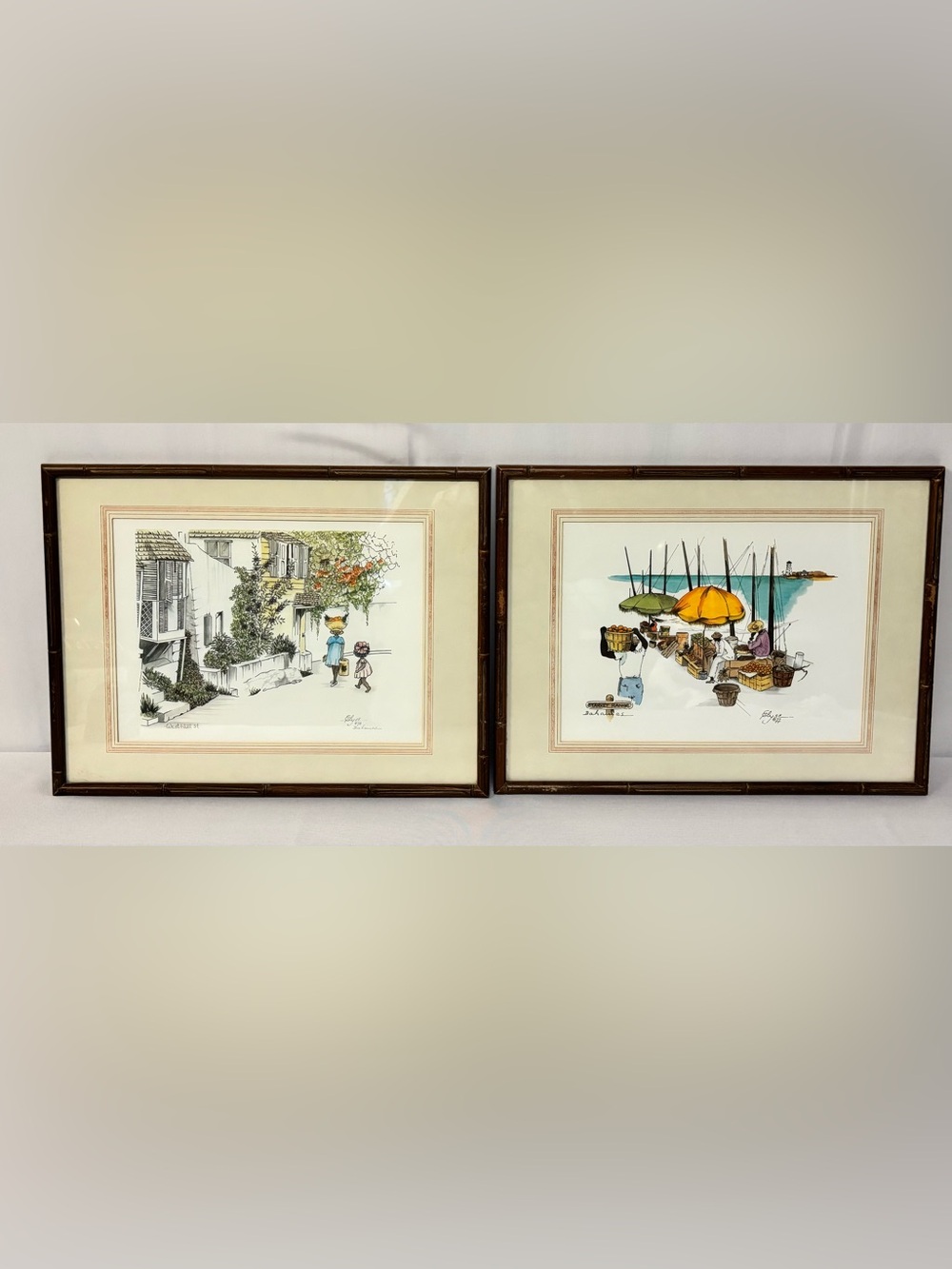 VTG Elyse Wasile Bahamas Art Prints Framed Set 2 Caribbean Islands